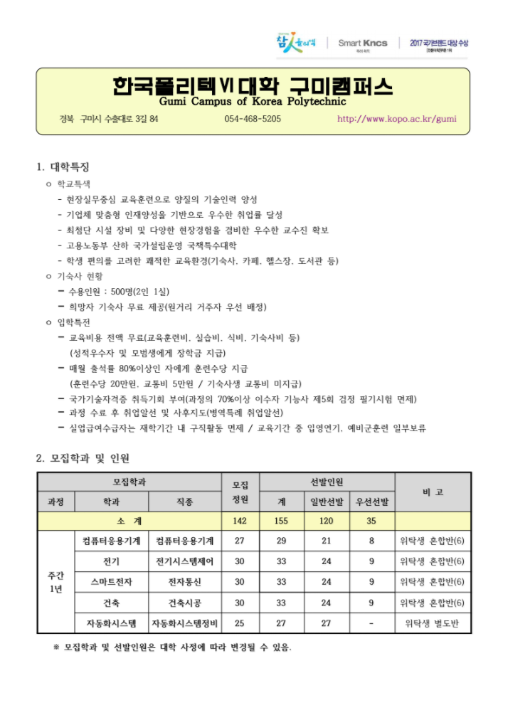 한국폴리텍대학 구미캠퍼스 2018학년도 전문기술과정(기능사) 모집요강 바로가기