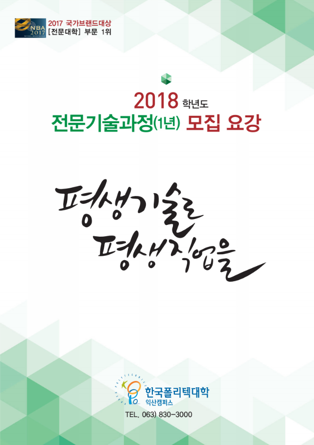 한국폴리텍대학 익산캠퍼스 2018학년도 전문기술과정(기능사) 모집요강 바로가기