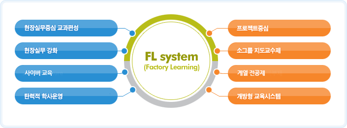 FL system(Factory Learning)  - 현장실무중심교과편성,현장실무강화,Cyber Lecture,탄력적 학사운영, 프로젝트중심,소그룹지도교수제,계열 전공제,개방형교육시스템