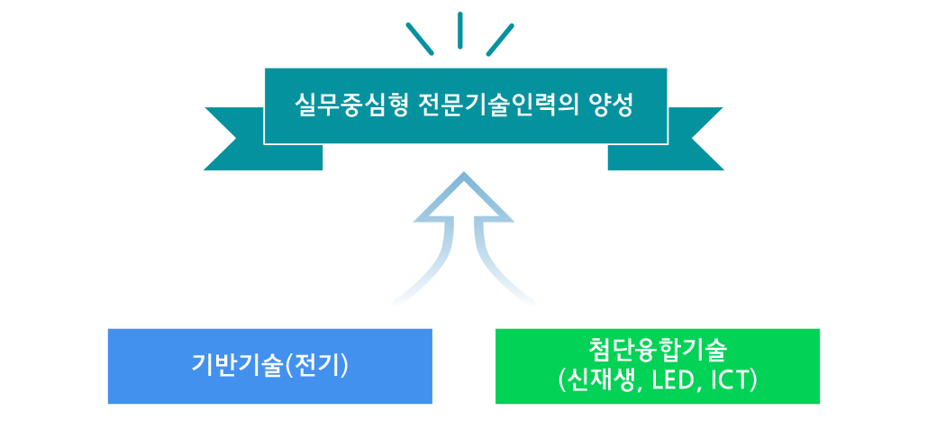 실무중심형 전문기술인력의 양성: 기반기술(전기), 첨단융합기술 (신재생, LED, ICT)