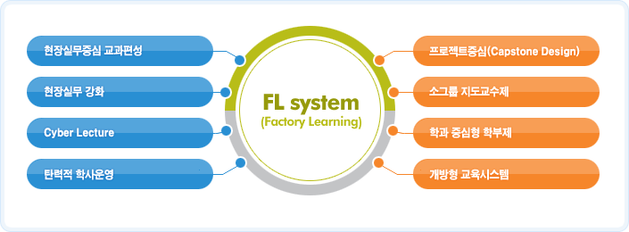 FL system(Factory Learning) - 현장실무중심교과편성,현장실무강화,Cyber Lecture,탄력적 학사운영, 프로젝트중심(Capstone Design),소그룹지도교수제,학과 중심형 학부제,개방형교육시스템
