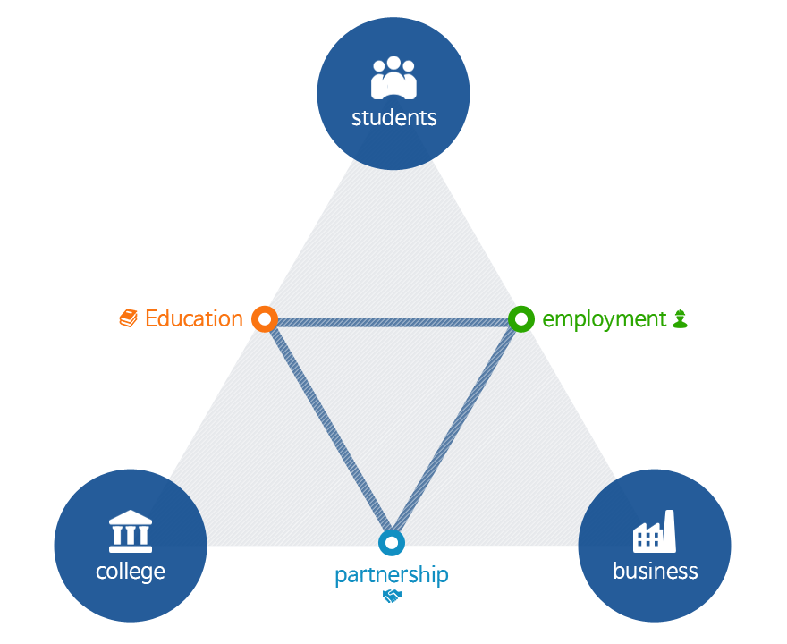Education between students and college, partnership between college and business, employment between students and business, and education, partnership, and employment linkages