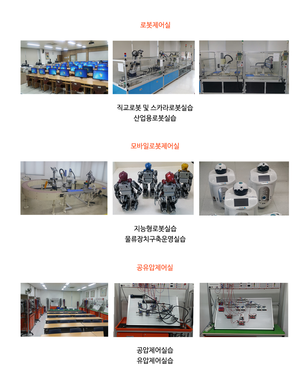 로봇제어실:직교로봇 및 스카라로봇실습, 산업용로봇실습, 모바일로봇제어실:지능형로봇실습, 물류장치구축운영실습, 공유압제어실:공압제어실습, 유압제어실습