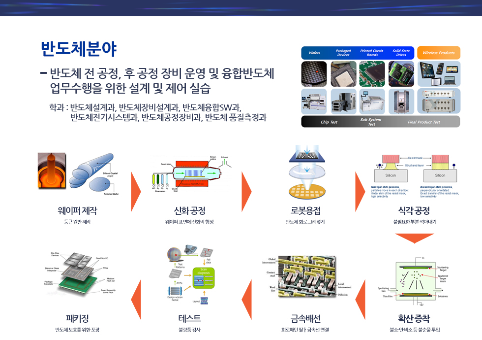 반도체분야 - 반도체 전 공정, 후 공정 장비 운영 및 융합반도체 업무수행을 위한 설계 및 제어 실습. 학과 : 반도체설계과, 반도체장비설계과, 반도체융합SW과, 반도체전기시스템과, 반도체공정장비과, 반도체 품질측정과. 웨이퍼 제작: 둥근 원판 제작 > 신화 공정: 웨이퍼 표면에산화막 형성 > 로봇용접:반도체회로 그려넣기 > 식각공정:불필요한 부분 깍아내기 > 확산증착:불소.인.비소 등 불순물 투입 > 금속배선: 회로패턴 따라 금속선 연결 > 테스트:불량품 검사 > 패키징: 반도체보호를 위한 포장