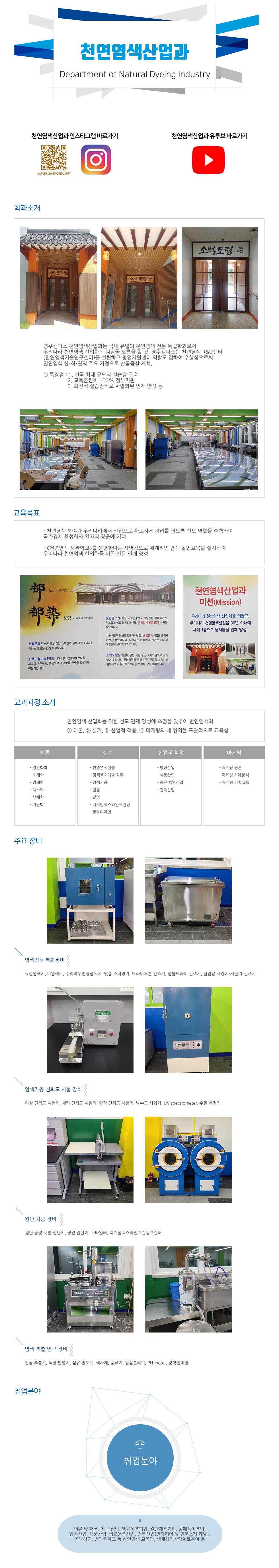 천연염색산업과(Department of Natural Dyeing Industrialization)학과소개 4차산업 시대 신기술(AI, 로봇, 자율주행 등)이 급속하게 고도로 발전함에 따라 그 반작용으로 자연과 원시, 천연에 대한 희구도 시대의 큰 흐름(mega-trend)로 부상하고 있으며 이 트렌드는 점점 강해질 것으로 예측됨. 그리고 코로나 사태 이후 환경과 건강에 대한 대중의 관심도 급증하고 있음. 천연염색산업과는 이러한 메가트렌드에 대비하여 영주캠퍼스가 전략적으로 신설한 학과. 천연염색은 장기전망이 좋은 미래 산업으로 대표적인 에코산업 가운데 하나로 자리매김할 것으로 예상됨. 영주캠퍼스 천연염색산업과는 국내 유일의 천연염색 전문 독립학과로서 우리나라 천연염색 산업화의 디딤돌 노릇을 할 것. 영주캠퍼스는 천연염색 R&D센터(천연염색기술연구센터)를 설립하고 창업지원센터 역할도 겸하여 수행함으로써 천연염색 산‧학‧연의 주요 거점으로 발돋움할 계획.○ 특장점 : 1. 전국 최대 규모의 실습장 구축 2. 교육훈련비 100% 정부지원 3. 최신식 실습장비로 차별화된 인재 양성 등교육목표- 천연염색 분야가 우리나라에서 산업으로 확고하게 자리를 잡도록 선도 역할을 수행하여 국가경제 활성화와 일자리 창출에 기여- <천연염색 사관학교>를 운영한다는 사명감으로 체계적인 염색 몰입교육을 실시하여 우리나라 천연염색 산업화를 이끌 전문 인재 양성교과과정 소개- 천연염색 산업화를 위한 선도 인재 양성에 초점을 맞추어 천연염색의 ① 이론, ② 실기, ③ 산업적 적용, ④ 마케팅의 네 영역을 포괄적으로 교육함- 교과목이론실기산업적 적용마케팅일반화학소재학염재학색소학색채학가공학천연염색실습염색색소개발 실무염색가공침염날염디지털텍스타일프린팅문양디자인향장산업식품산업향균‧방역산업건축산업마케팅 원론마케팅 사례분석마케팅 기획실습  주요 장비- 염색전문 특화장비워싱염색기, IR염색기, 수직좌우진탕염색기, 맞춤 스티밍기, 드라이오븐 건조기, 덤블드라이 건조기, 날염용 사장기‧제판기‧건조기IR(적외선)염색기드라이오븐- 염색가공 신뢰도 시험 장비마찰 견뢰도 시험기, 세탁 견뢰도 시험기, 일광 견뢰도 시험기, 발수도 시험기, UV spectrometer, 수질 측정기마찰견뢰도시험기- 원단 가공 장비원단 중량 시편 절단기, 핑킹 절단기, 스타일러, 디지털텍스타일프린팅프린터- 염색 추출 연구 장비진공 추출기, 색상 판별기, 섬유 밀도계, 색차계, 증류기, 원심분리기, PH meter, 광학현미경취업분야의류 및 패션, 침구 산업, 염료제조기업, 원단제조기업, 공예품제조업, 향장산업, 식품산업, 의료용품산업, 건축산업(인테리어 및 건축소재 개발), 공방창업, 방과후학교 등 천연염색 교육업, 색채심리상담치료분야 등