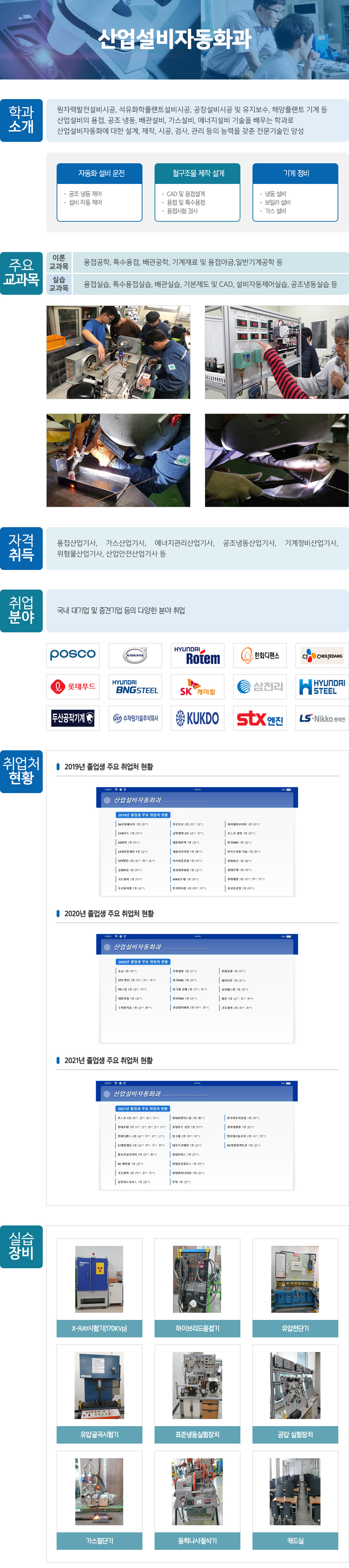 산업설비자동화과 1. 학과소개 2. 주요교과목 3. 자격취득 4. 위업분야 5. 위업처 현황 6. 실습장비