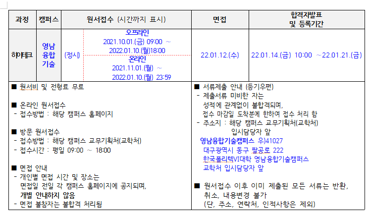 2022학년도 비학위과정_하이테크과정(전문대 이상 졸업) 전형 일정