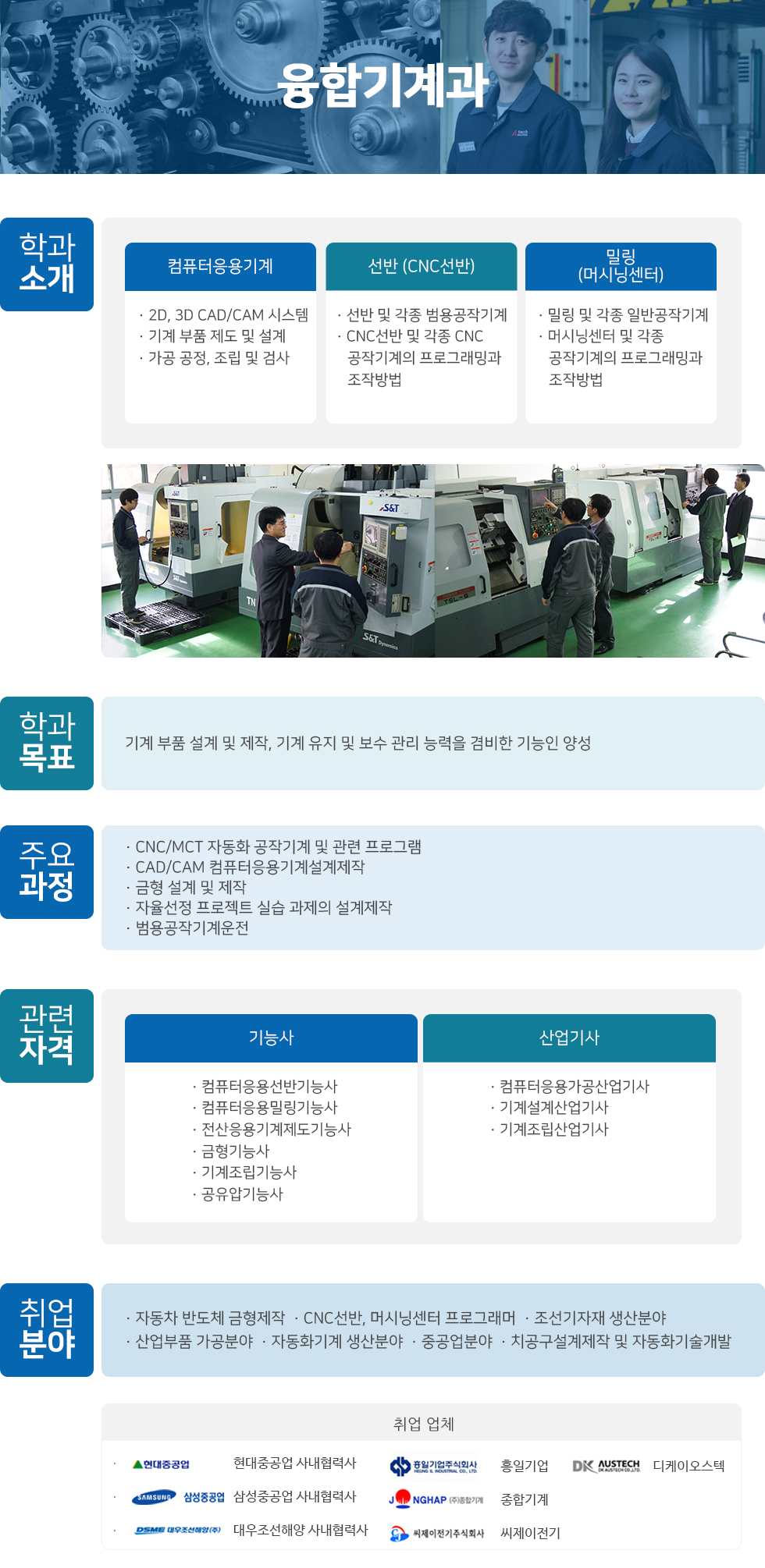 컴퓨터응용기계과  학과소개 컴퓨터 응용기계 2D, 3D CAD/CAM 시스템 기계 부품 제도 및 설계 가공 공정, 조립 및 검사 선반 (CNC선반) 선반 및 각종 범용공작기계 CNC선반 및 각종 CNC 공작기계의 프로그래밍과 조작방법 밀링 (머시닝센터) 밀링 및 각종 일반공작기계 머시닝센터 및 각종 공작기계의 프로그래밍과 조작방법  학과목표  기계 부품 설계 및 제작, 기계 유지 및 보수 관리 능력을 겸비한 기능인 양성   주요 과정  · CNC/MCT 자동화 공작기계 및 관련 프로그램  · CAD/CAM 컴퓨터응용기계설계제작  · 금형 설계 및 제작  · 자율선정 프로젝트 실습 과제의 설계제작  · 범용공작기계운전  관련 자격  기능사 · 컴퓨터응용선반기능사  · 컴퓨터응용밀링기능사  · 전산응용기계제도기능사  · 금형기능사  · 기계조립기능사  · 공유압기능사 산업기사 · 컴퓨터응용가공산업기사  · 기계설계산업기사  · 기계조립산업기사   취업분야 · 자동차 반도체 금형제작 · CNC선반, 머시닝센터 프로그래머 · 조선기자재 생산분야 · 산업부품 가공분야 · 자동화기계 생산분야 · 중공업분야 · 치공구설계제작 및    자동화기술개발