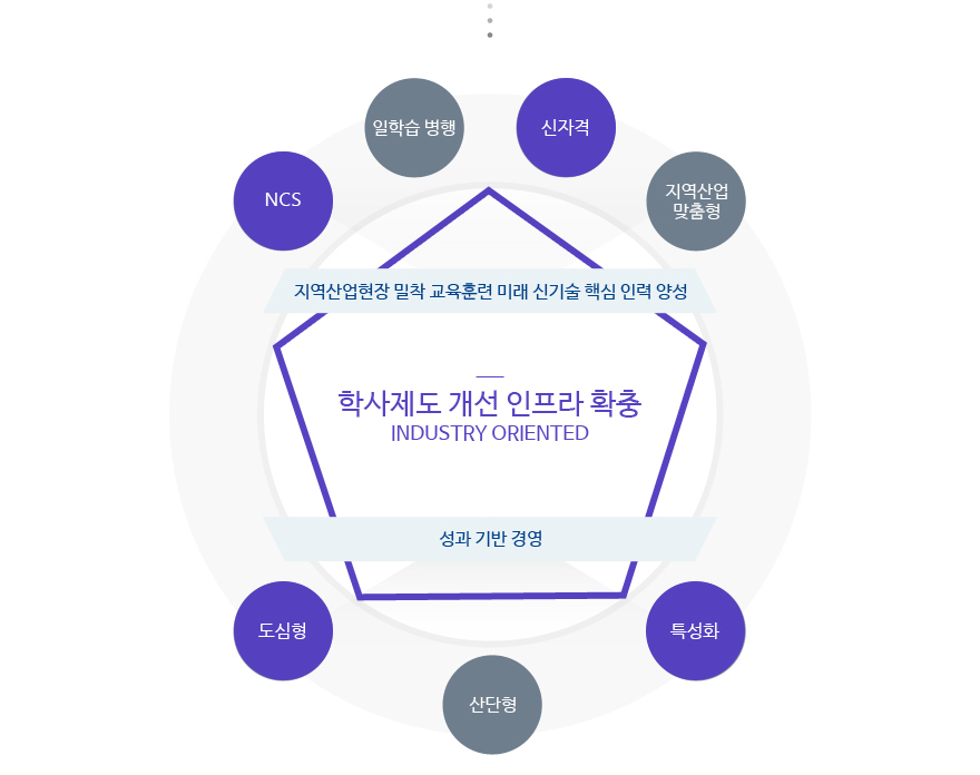 학사제도 개선 인프라 확충 INDUSTRY ORIENTED (NCS,일학습 병행, 신자격, 지역산업맞춤형)지역산업현장 밀착 교육훈련 미래 신기술 핵심 인력 양성, (도심형,산단형,특성화)성과 기반 경영