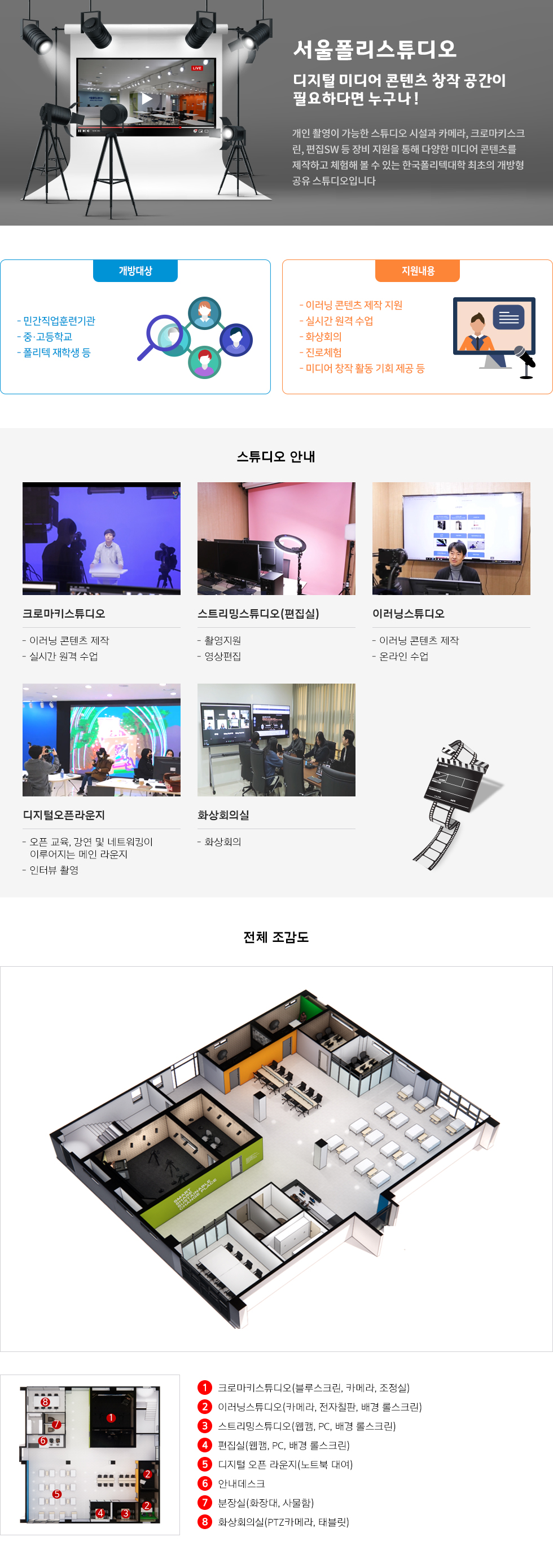 거점공유스튜디오 소개 서울폴리스튜디오 디지털 미디어 콘텐츠 창작 공간이 필요하다면 누구나! 개인 촬영이 가능한 스튜디오 시설과 카메라, 크로마키스크린, 편집SW 등 장비 지원을 통해 다양한 미디어 콘텐츠를 제작하고 체험해 볼 수 있는 한국폴리텍대학 최초의 개방형 공유 스튜디오입니다. 개방대상 민간직업훈련기관, 중·고등학교, 폴리텍 재학생 등 지원내용 이러닝 콘텐츠 제작 지원, 실시간 원격 수업, 화상회의, 진로체험, 미디어 창작 활동 기회 제공 등 스튜디오 안내 크로마키스튜디오 - 이러닝 콘텐츠 제작 - 실시간 원격 수업 스트리밍스튜디오 - 촬영지원, 영상편집 (편집실) 이러닝스튜디오 - 이러닝 콘텐츠 제작 - 온라인 수업 디지털오픈라운지 - 오픈 교육, 강연 및 네트워킹이 이루어지는 메인 라운지 - 인터뷰 촬영 화상회의실 - 화상회의 전체 조감도 ① 크로마키스튜디오(블루스크린, 카메라, 조정실) ② 이러닝스튜디오(카메라, 전자칠판, 배경 롤스크린) ③ 스트리밍스튜디오(웹캠, PC, 배경 롤스크린) ④ 편집실(웹캠, PC, 배경 롤스크린) ⑤ 디지털 오픈 라운지(노트북 대여) ⑥ 안내데스크 ⑦ 분장실(화장대, 사물함) ⑧ 화상회의실(PTZ카메라, 태블릿)