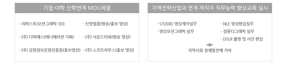 기업-대학 산학연계 MOU체결 · 리퍼스토(모션그래픽-3D) · (주) 디피에스(애니메이션 기획) · (주) 강원정보문화진흥원(홍보영상) · 신영필름(방송/홍보 영상) · (주) 사운드타워(방송 영상) · (주) 소프트하우스(홍보 영상) 지역전략산업과 연계 재직자 직무능력 향상교육 실시 · STUDIO 영상제작실무 · 영상모션그래픽 실무 · NLE 영상편집실무 · 컴퓨터그래픽 실무 · DSLR 촬영 및 사진 편집 지역사회 경제발전에 기여