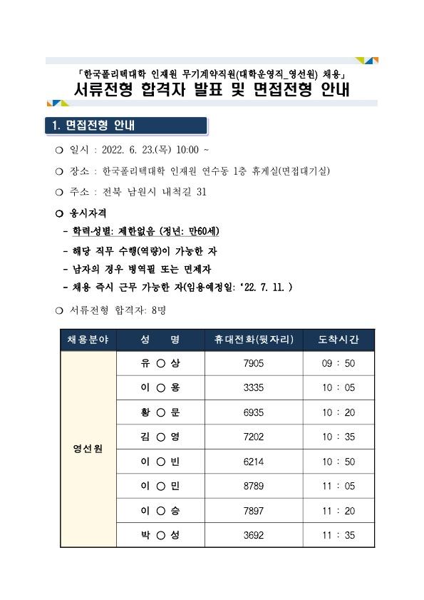 인재원 무기계약직원(영선원) 채용 서류전형 합격자 발표 및 면접전형