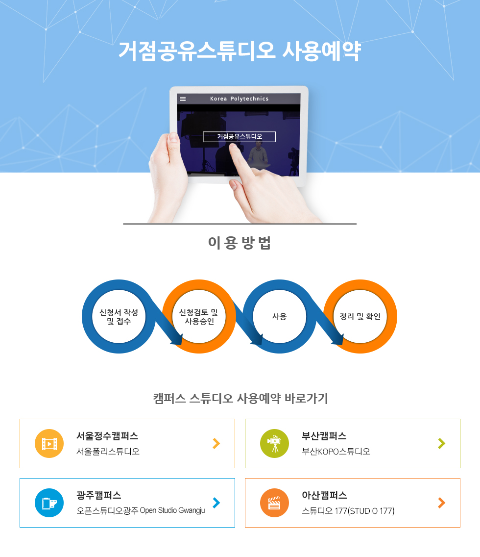 거점공유스튜디오 사용예약 거점공유스튜디오 이용방법 신청서 작성 및 접수 신청검토 및 사용승인 사용 정리 및 확인 캠퍼스 스튜디오 사용예약 바로가기 서울정수캠퍼스 서울폴리스튜디오 부산캠퍼스 부산KOPO스튜디오 광주캠퍼스 오픈스튜디오광주 Open Studio Gwangju 아산캠퍼스 스튜디오 177(Studio 177)