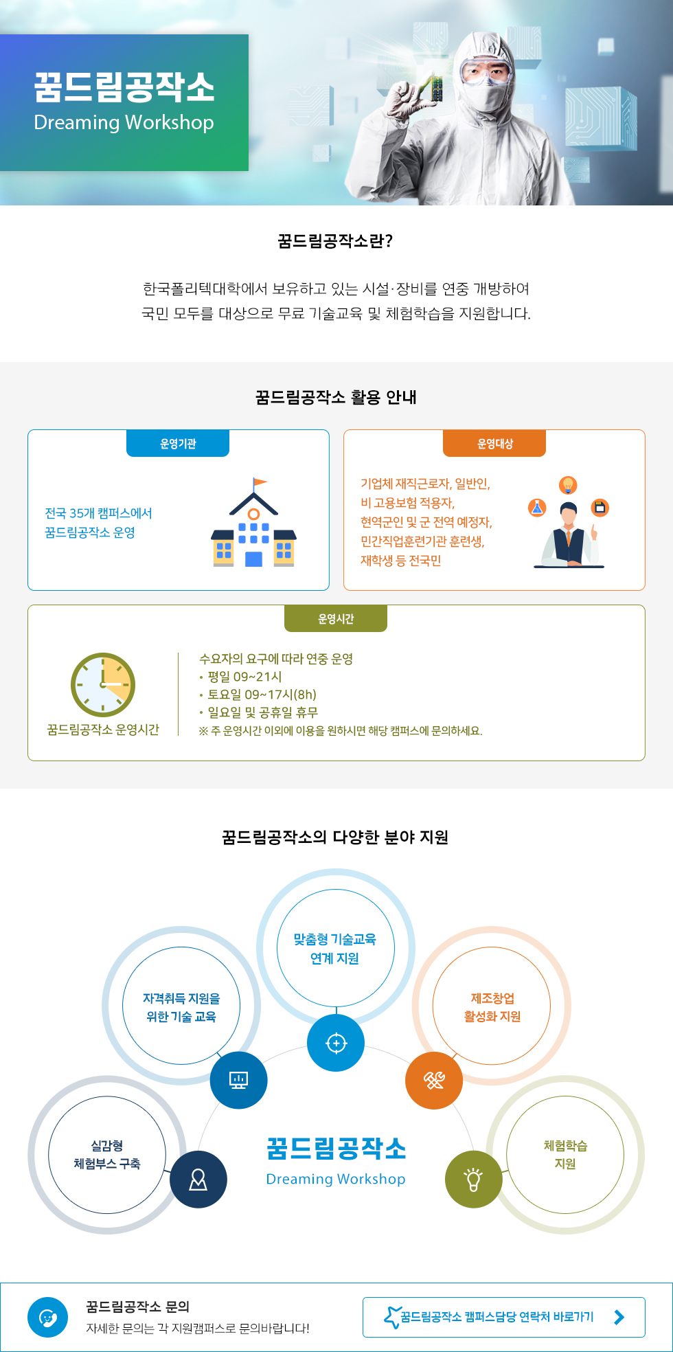 꿈드림공작소 Dreaming Workshop   꿈드림공작소란?  한국폴리텍대학에서 보유하고 있는 시설‧장비를 연중 개방하여 국민 모두를 대상으로 무료 기술교육 및 체험학습을 지원합니다.   ●꿈드림공작소 활용 안내 •운영기관: 전국 35개 캠퍼스에서 꿈드림공작소 운영  •운영대상: 기업체 재직근로자, 일반인, 비 고용보험 적용자, 현역군인 및 군 전역 예정자,  민간직업훈련기관 훈련생, 재학생 등 전국민  •운영시간: 꿈드림공작소 운영시간: 수요자의 요구에 따라 연중 운영  •평일 09~21시  •토요일 09~17시(8h)  •일요일 및 공휴일 휴무 ※ 주 운영시간 이외에 이용을 원하시면 해당 캠퍼스에 문의하세요. 꿈드림공작소의 다양한 분야 지원 꿈드림공작소 Dreaming Workshop  -실감형 체험부스 구축 -지격취득 지원을 위한 기술 교육 -맞춤형 기술교육 연계 지원 -제조창업 활성화 지원 -체험학습 지원  •꿈드림공작소 문의: 자세한 문의는 각 지원캠퍼스로 문의바랍니다!  