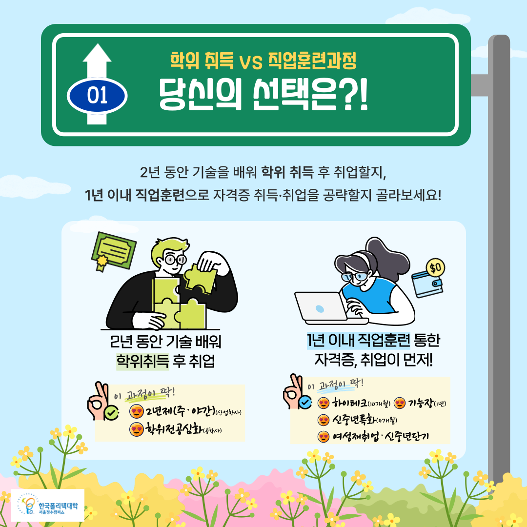  01. 학위 취득 vs 직업훈련과정 : 당신의 선택은?!   • 2년 동안 기술을 배워 학위 취득 후 취업할지, 1년 이내 직업훈련으로 자격증 취득·취업을 공략할지 골라보세요!   • 2년동안 기술 배워 학위취득 후 취업    이 과정이 딱! : 2년제(주·야간)(산업학사), 학위전공심화(공학사)   • 1년 이내 직업훈련 통한 자격증 취업이 먼저!    이 과정이 딱! : 하이테크(10개월), 기능장(1년), 신중년특화(4개월), 여성재취업·신중년단기  한국폴리텍대학 서울정수캠퍼스