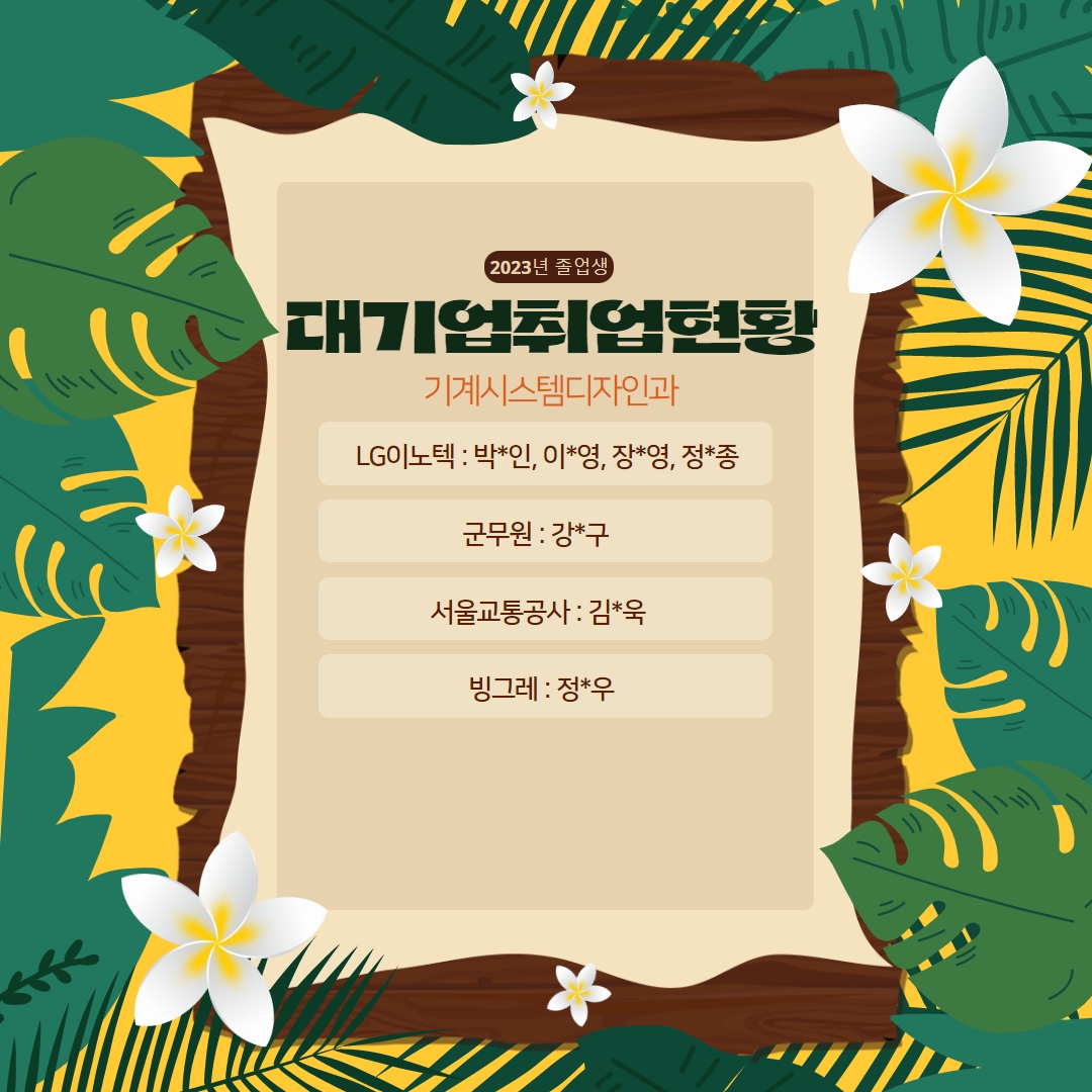 ▶2023년 졸업생 대기업취업현황 기계시스템디자인과 LG이노텍 : 박*인, 이*영, 장*영, 정*종 군무원 : 강*구 서울교통공사 : 김*욱 빙그레 : 정*우