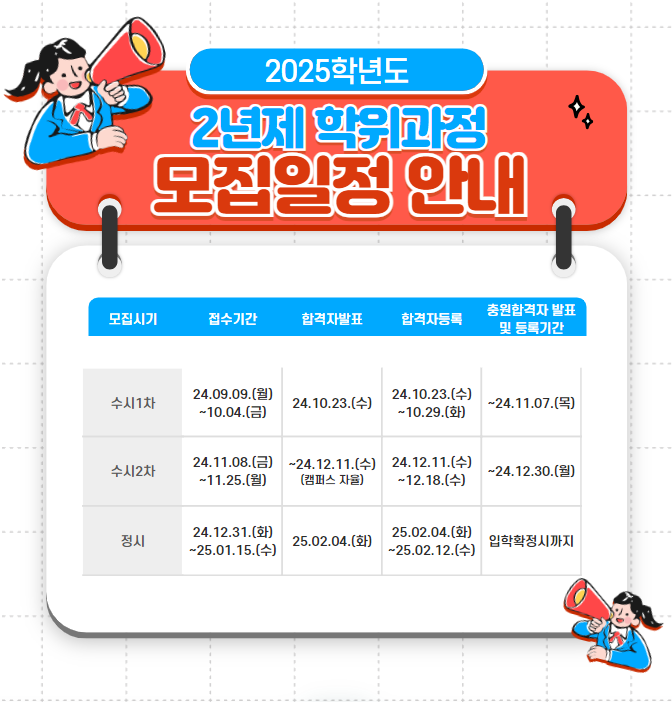 2024학년도 2년제학위과정 모집 일정 안내