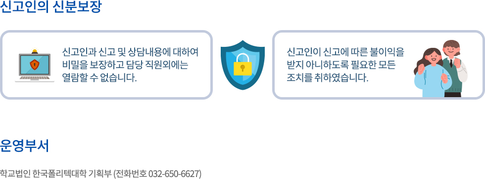 신고인의 신분보장  신고인과 신고 및 상담내용에 대하여 비밀을 보장하고 담당 직원외에는 열람할 수 없습니다. 신고인이 신고에 따른 불이익을 받지 아니하도록 필요한 모든 조치를 취하였습니다.   운영부서  학교법인 한국폴리텍대학 기획부 (전화번호 032-650-6627)