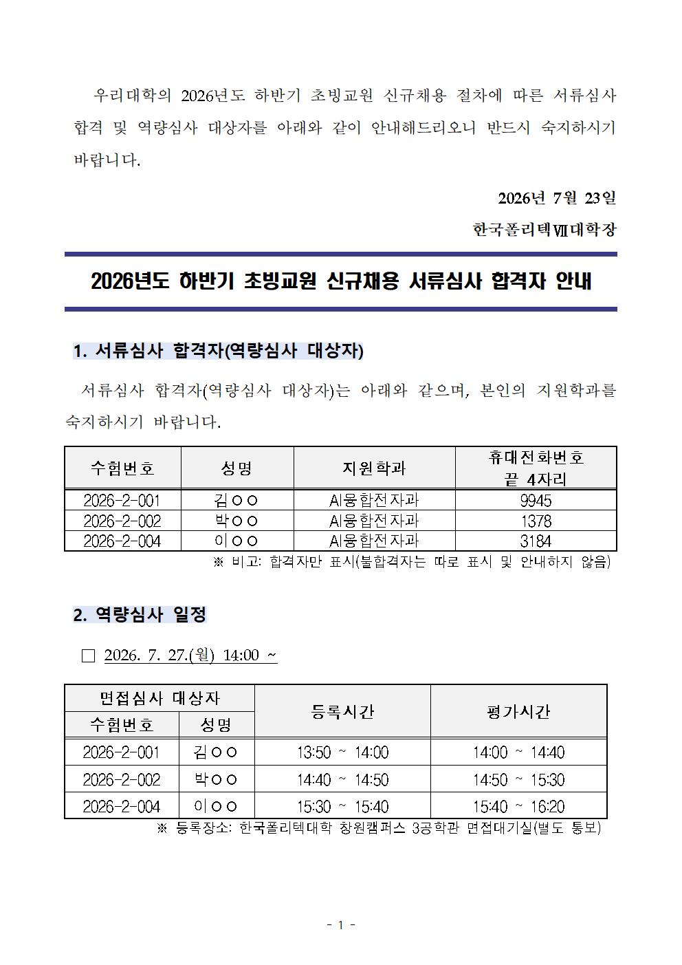 우리대학의 2026년도 하반기 초빙교원 신규채용 절차에 따른 서류심사 합격 및 역량심사 대상자를 아래와 같이 안내해드리오니 반드시 숙지하시기 바랍니다.

2026년 7월 23일
한국폴리텍VII대학장

2026년도 하반기 초빙교원 신규채용 서류심사 합격자 안내

1. 서류심사 합격자(역량심사 대상자)
서류심사 합격자(역량심사 대상자)는 아래와 같으며, 본인의 지원학과를 숙지하시기 바랍니다.
수험번호 / 성명 / 지원 학과 / 휴대전화번호 끝 4자리
2026-2-001 / 김〇〇 / AI융합전자과 / 9945
2026-2-002 / 박〇〇 / AI융합전자과 / 1378
2026-2-004 / 이〇〇 / AI융합전자과 / 3184
※ 합격자만 표시(불합격자는 따로 표시 및 안내하지 않음)

2. 역량심사 일정
□ 2026. 7. 27.(월) 14:00 ~
면접심사 대상자(수험번호) / 면접심사 대상자(성명) / 등록시간 / 평가시간
2026-2-001 / 김〇〇 / 13:50 ~ 14:00 / 14:00 ~ 14:40
2026-2-002 / 박〇〇 / 14:40 ~ 14:50 / 14:50 ~ 15:30
2026-2-004 / 이〇〇 / 15:30 ~ 15:40 / 15:40 ~ 16:20
※ 등록장소: 한국폴리텍대학 창원캠퍼스 3공학관 면접대기실(별도 통보)