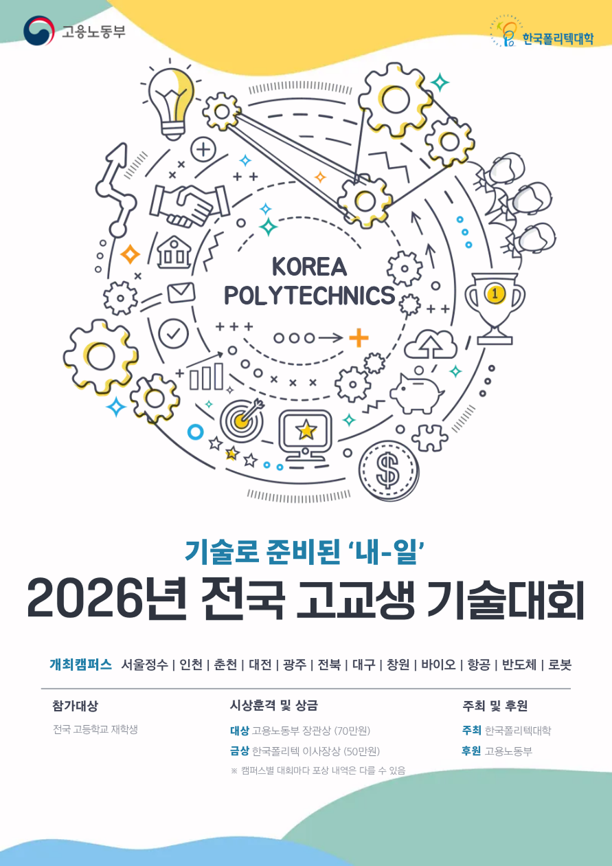 고용노동부·한국폴리텍대학. 기술로 준비된 '내-일'. 2026년 전국 고교생 기술대회. 개최캠퍼스: 서울정수·인천·춘천·대전·광주·전북·대구·창원·바이오·항공·반도체·로봇. 참가대상: 전국 고등학교 재학생. 시상: 대상 고용노동부장관상(70만원), 금상 한국폴리텍대학 이사장상(50만원). 주최 한국폴리텍대학, 후원 고용노동부. (캠퍼스별 시상 내용 다를 수 있음)