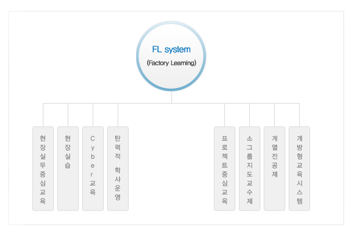 FL system(Factory Leaming)
					- 현장실무중심교육
					- 현장실습
					- Cyber 교육
					- 탄력적 학사운영
					- 프로젝트중심교육
					- 소그룹지도교수제
					- 계열전공제
					- 개방형교육시스템