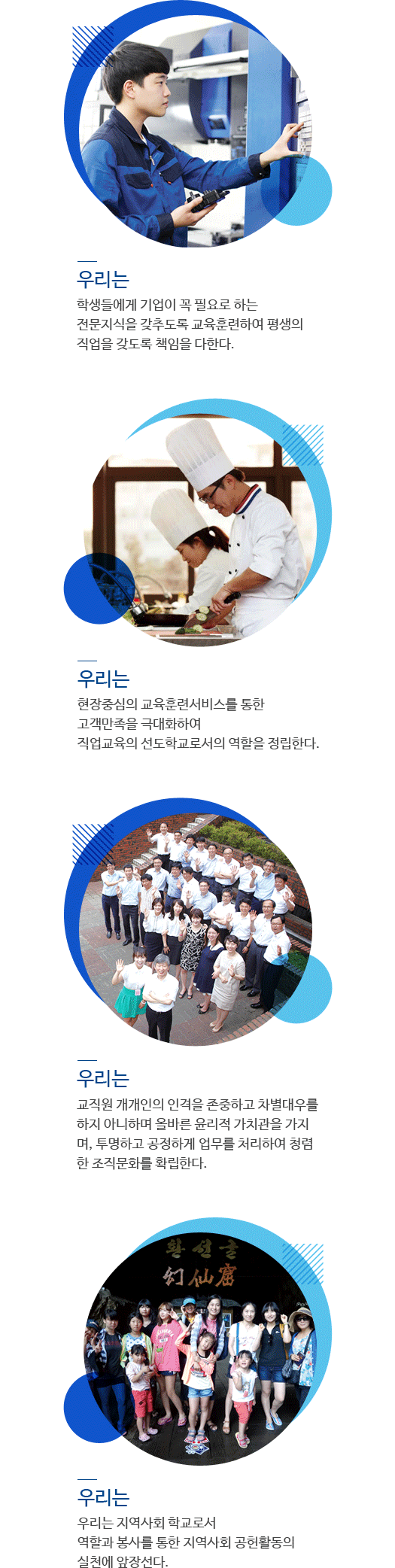 We dedicate ourselves to the responsibility of assuring lifelong employment to our students by educating them in the professional skills demanded by industries.
We maximize customer satisfaction through field-oriented training services to establish our status as the leader of vocational education in Korea.
We respect and treat fairly each and every member of our colleagues, stand by sound ethical values, fulfill our duties in an accountable and fair manner, and expel all corruption in our organizational structure.
We dedicate ourselves to our role as the community college of our local regions, and we also contribute to the well-being of our communities through service.
