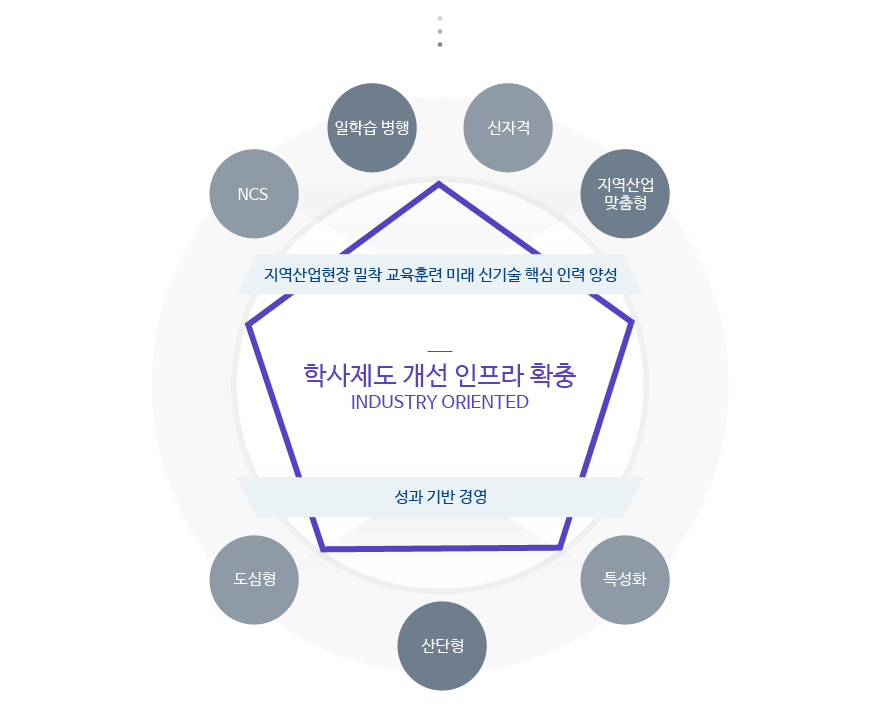 학사제도 개선 인프라 확충 INDUSTRY ORIENTED (NCS,일학습 병행, 신자격, 지역산업맞춤형)지역산업현장 밀착 교육훈련 미래 신기술 핵심 인력 양성, (도심형,산단형,특성화)성과 기반 경영