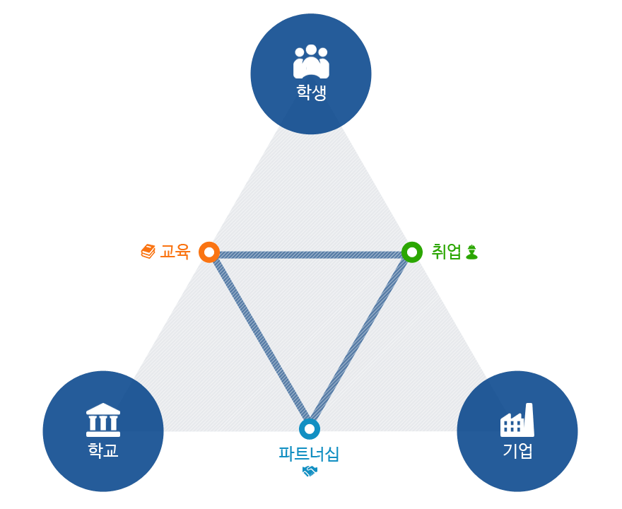 학생과 대학 사이에 교육, 대학과 기업사이에 파트너십, 기업과 학생 사이에 취업이 있고 교육, 파트너십, 취업이 연계되어있습니다.